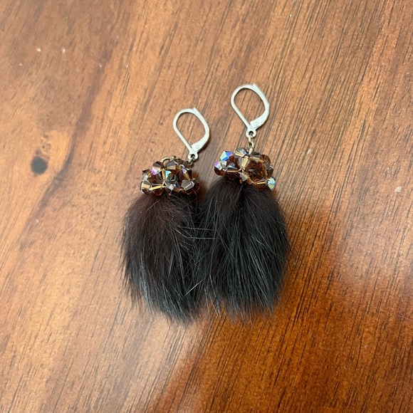 Faux Fur Rhinestone brown Earrings - Picture 2 of 5